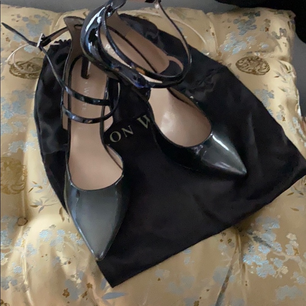 RON WHITE Heel Patent Leather with Cross straps in Steel gray to black Size 39